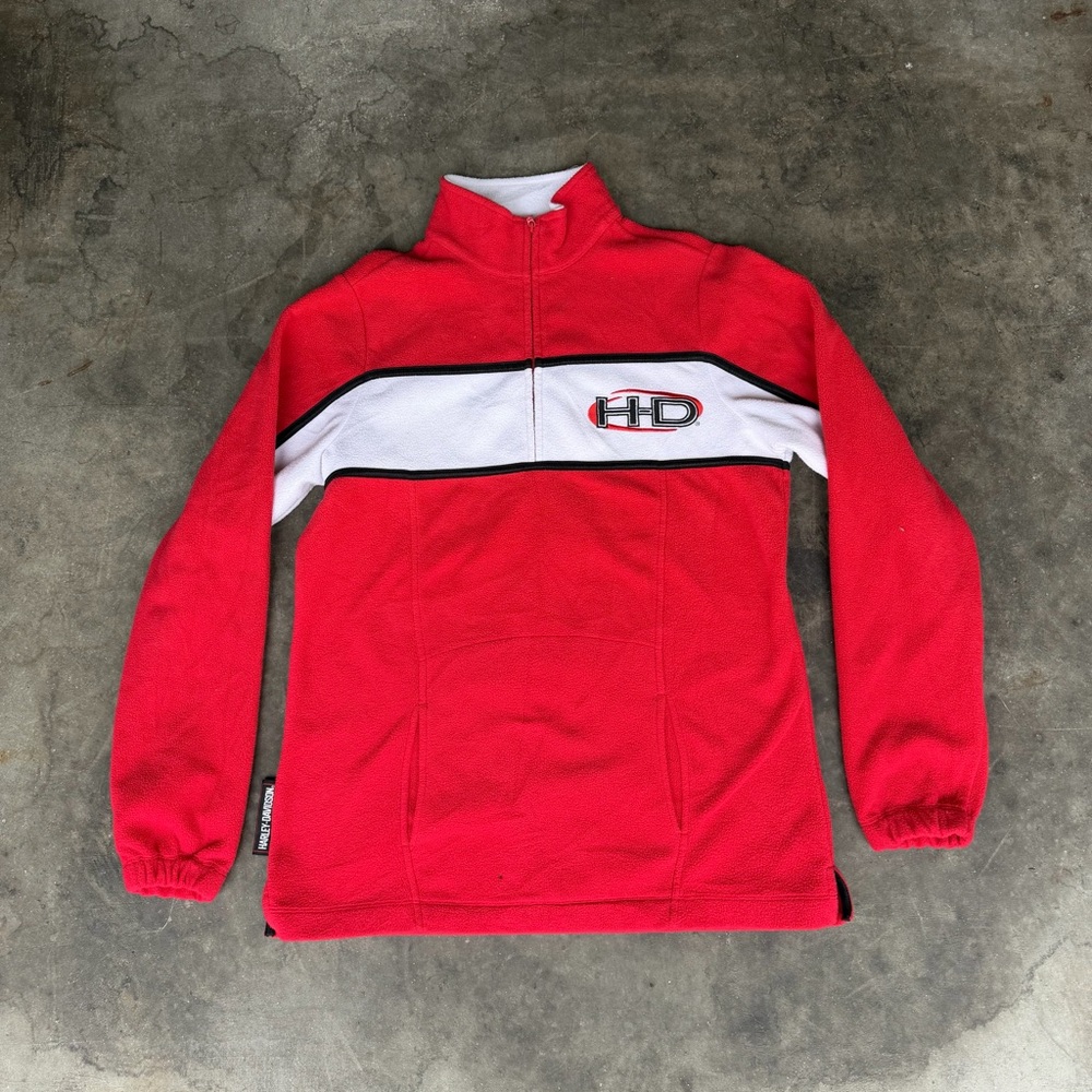 Harley Davidson Red Fleece Sweater White Stripe 1/4 Zip Embroidered Logo Women M